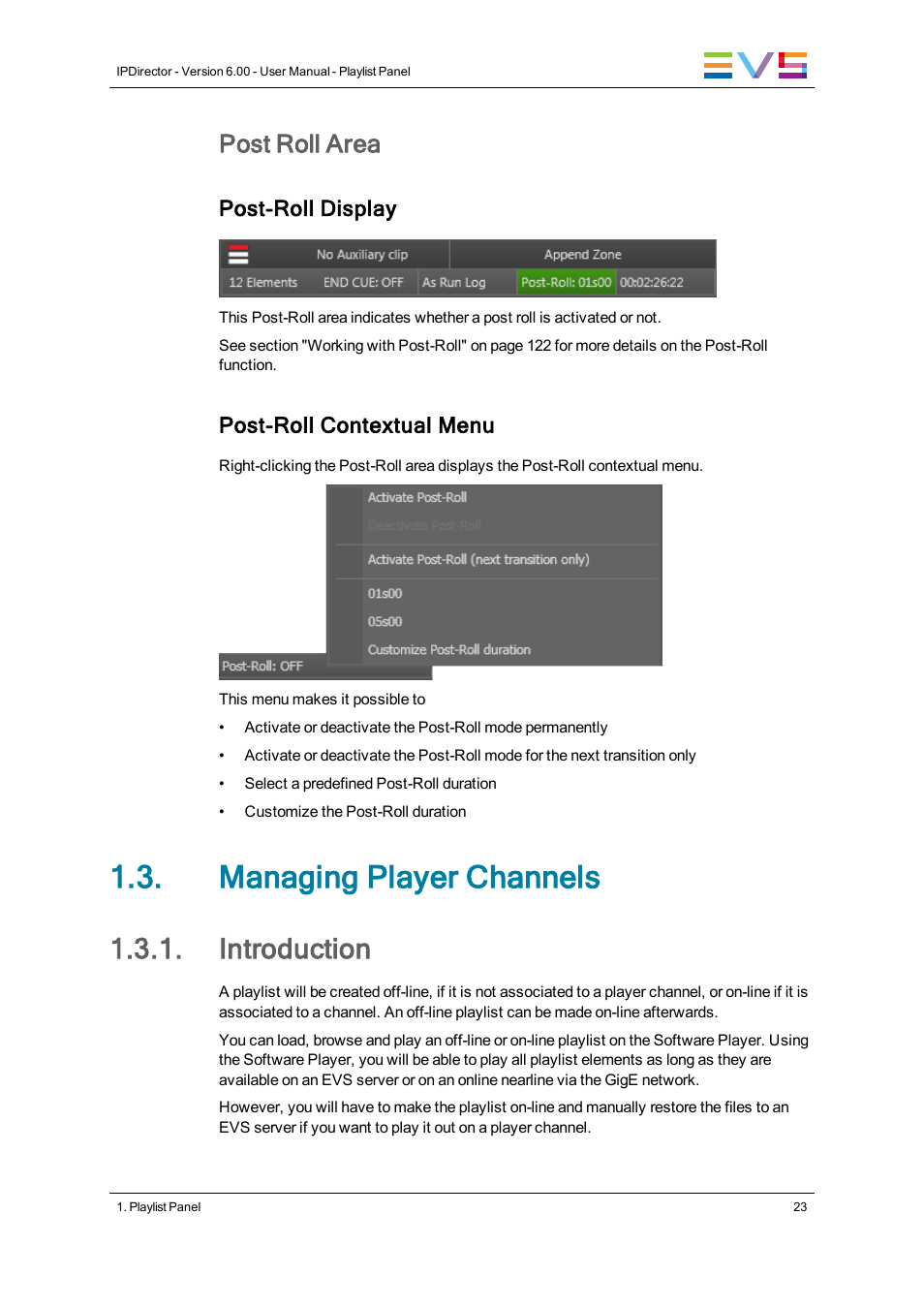 Managing player channels, Introduction, Post roll area | EVS IPDirector Version 6.0 - November 2012 Part 6 User's Manual User Manual | Page 33 / 182