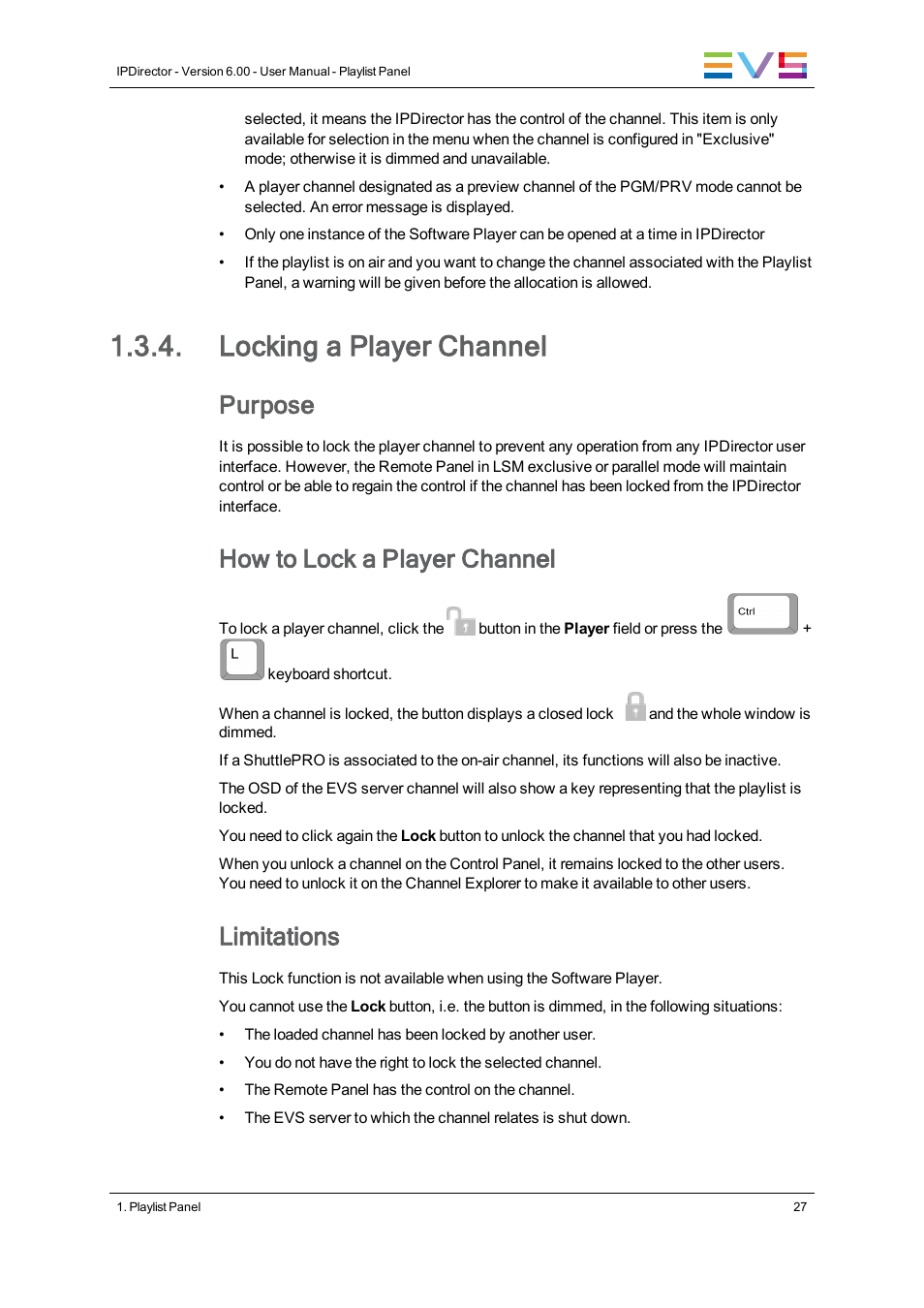 Locking a player channel, Purpose, How to lock a player channel | Limitations | EVS IPDirector Version 6.0 - November 2012 Part 6 User's Manual User Manual | Page 37 / 182