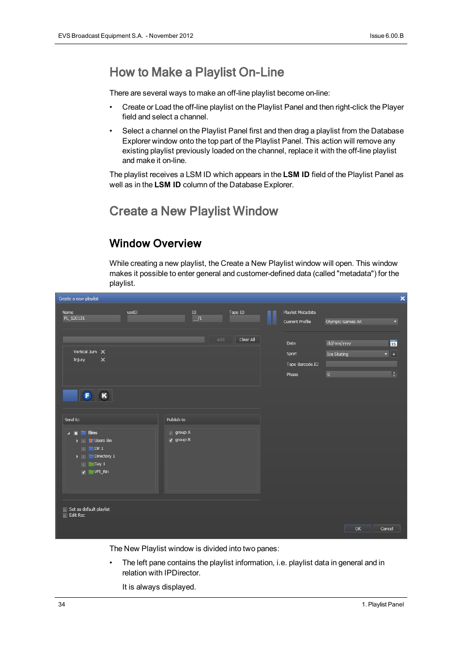 How to make a playlist on-line, Create a new playlist window, Window overview | EVS IPDirector Version 6.0 - November 2012 Part 6 User's Manual User Manual | Page 44 / 182