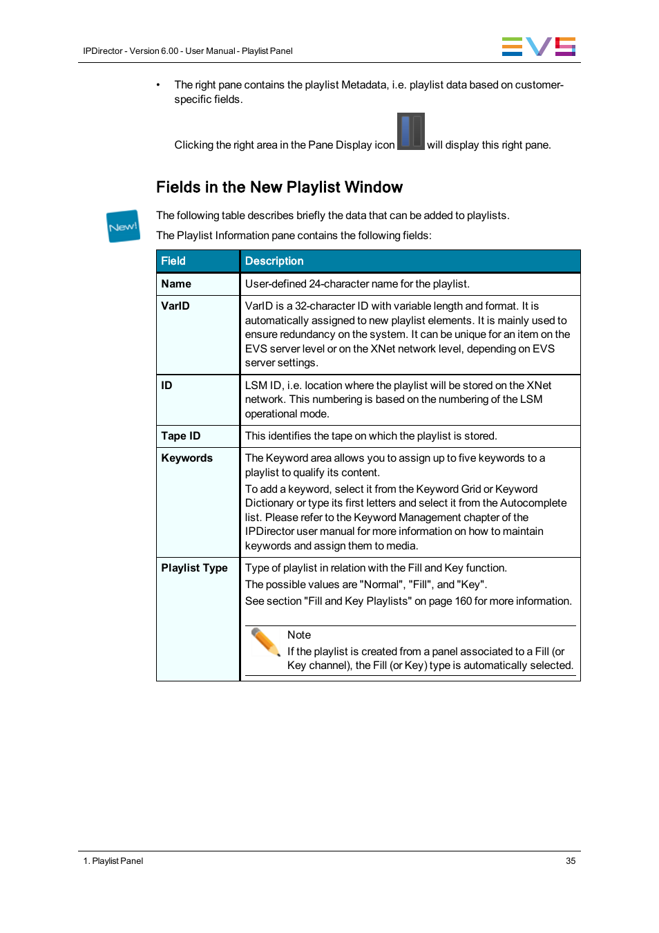 Fields in the new playlist window | EVS IPDirector Version 6.0 - November 2012 Part 6 User's Manual User Manual | Page 45 / 182