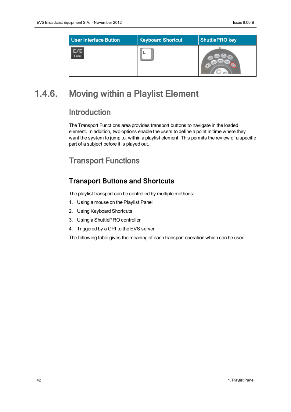 Moving within a playlist element, Introduction, Transport functions | Transport buttons and shortcuts | EVS IPDirector Version 6.0 - November 2012 Part 6 User's Manual User Manual | Page 52 / 182