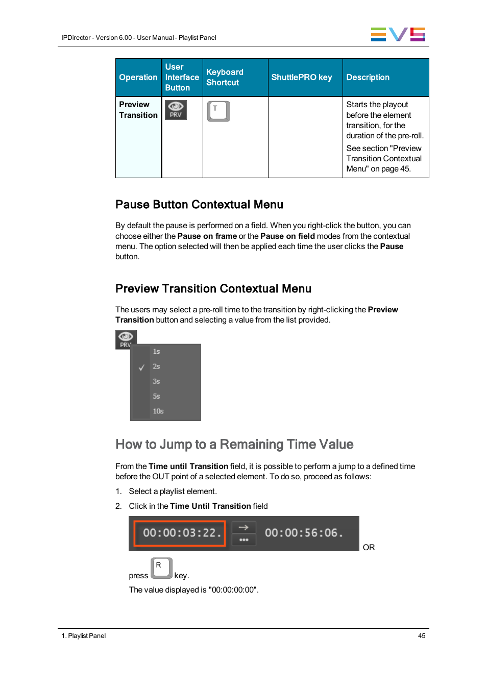 How to jump to a remaining time value, Pause button contextual menu, Preview transition contextual menu | EVS IPDirector Version 6.0 - November 2012 Part 6 User's Manual User Manual | Page 55 / 182