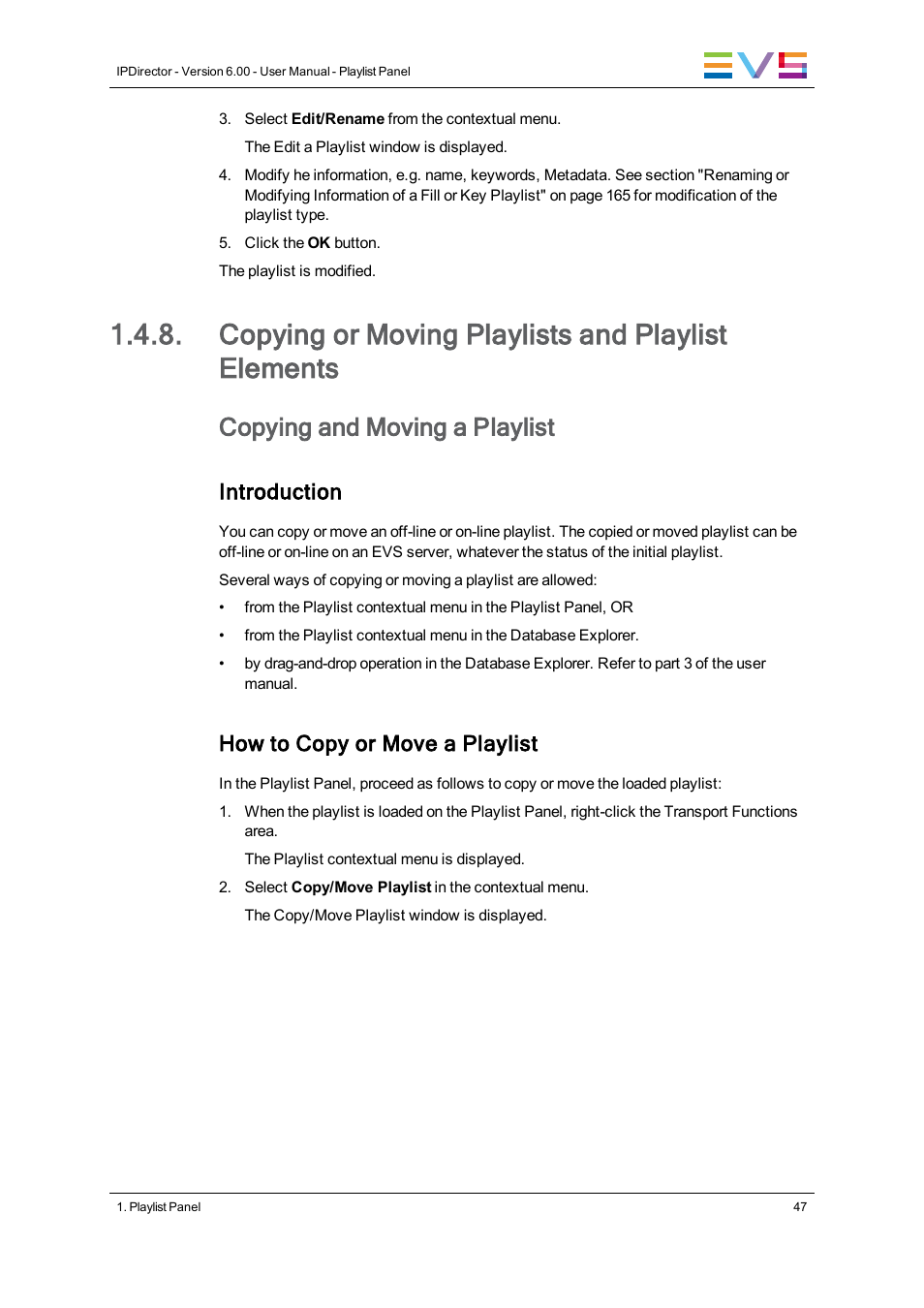 Copying or moving playlists and playlist elements, Copying and moving a playlist, Introduction | How to copy or move a playlist | EVS IPDirector Version 6.0 - November 2012 Part 6 User's Manual User Manual | Page 57 / 182