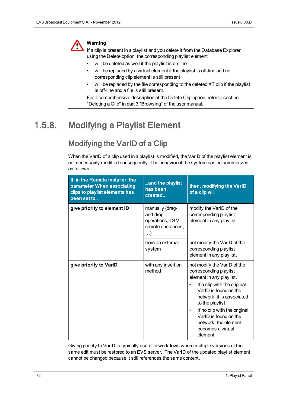 Modifying a playlist element, Modifying the varid of a clip | EVS IPDirector Version 6.0 - November 2012 Part 6 User's Manual User Manual | Page 82 / 182