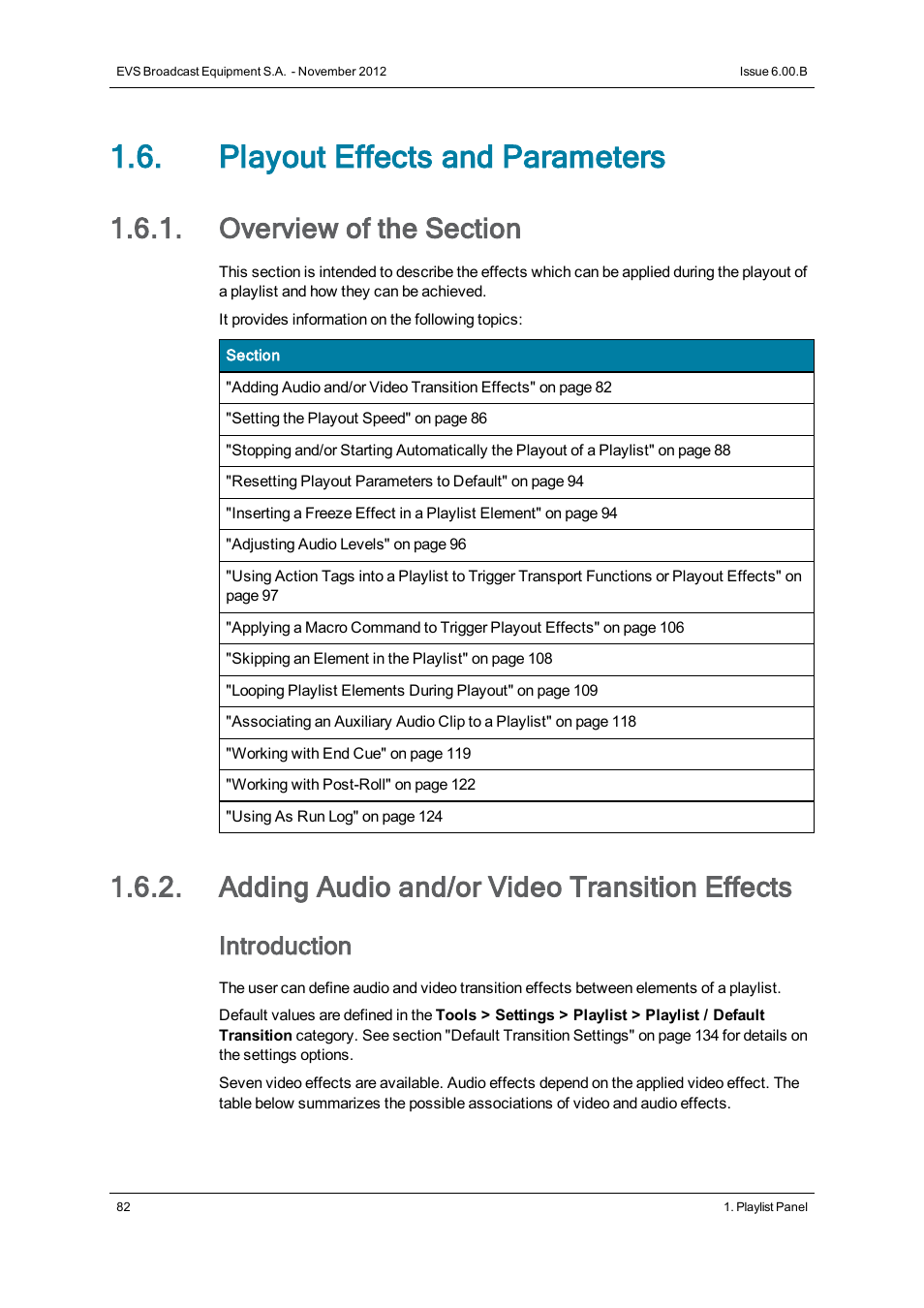 Playout effects and parameters, Overview of the section, Adding audio and/or video transition effects | Introduction | EVS IPDirector Version 6.0 - November 2012 Part 6 User's Manual User Manual | Page 92 / 182