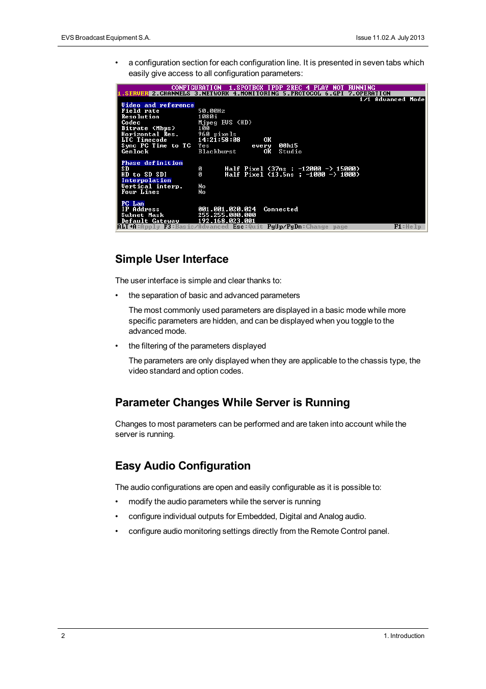 Simple user interface, Parameter changes while server is running, Easy audio configuration | EVS XT3 Version 11.02 - July 2013 Configuration Manual User Manual | Page 10 / 244
