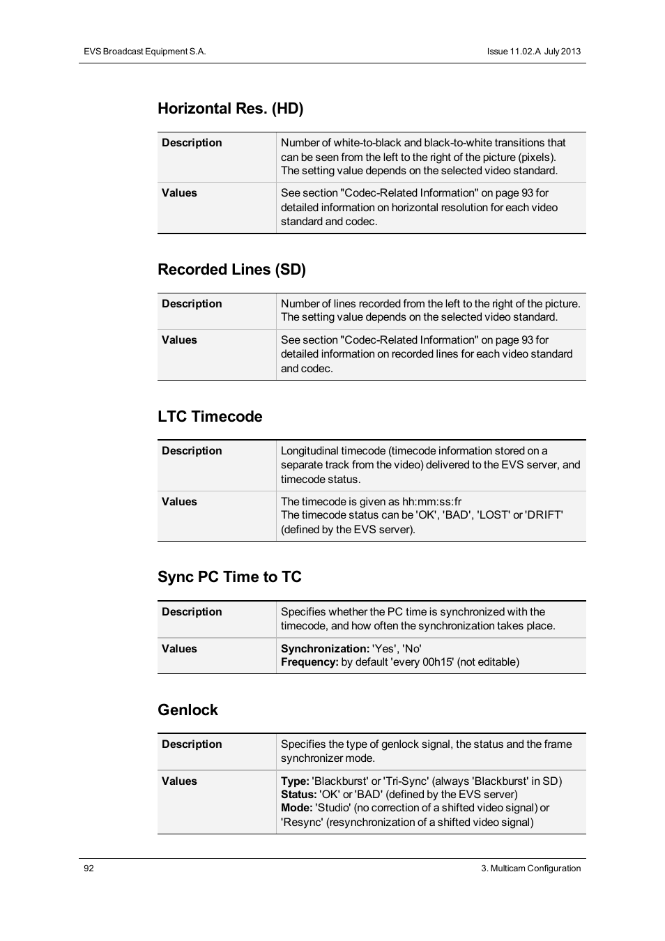 Horizontal res. (hd), Recorded lines (sd), Ltc timecode | Sync pc time to tc, Genlock | EVS XT3 Version 11.02 - July 2013 Configuration Manual User Manual | Page 100 / 244