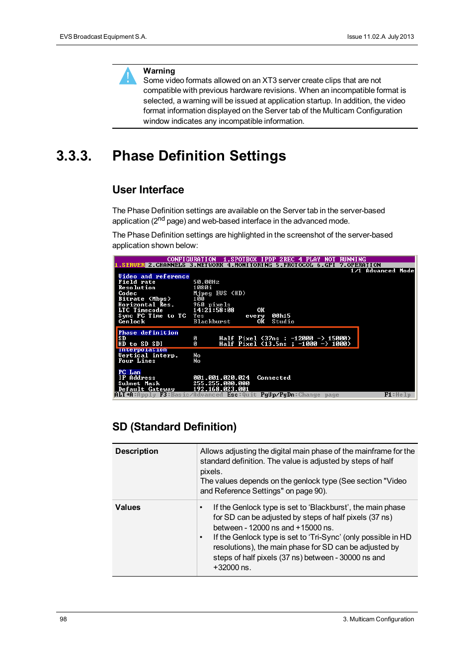 Phase definition settings, User interface, Sd (standard definition) | EVS XT3 Version 11.02 - July 2013 Configuration Manual User Manual | Page 106 / 244