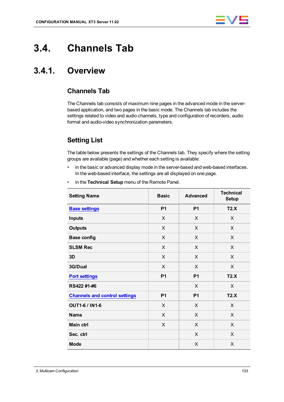 Channels tab, Overview, Channels settings | Setting list | EVS XT3 Version 11.02 - July 2013 Configuration Manual User Manual | Page 111 / 244