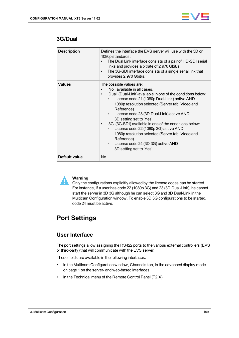 Port settings, 3g/dual, User interface | EVS XT3 Version 11.02 - July 2013 Configuration Manual User Manual | Page 117 / 244