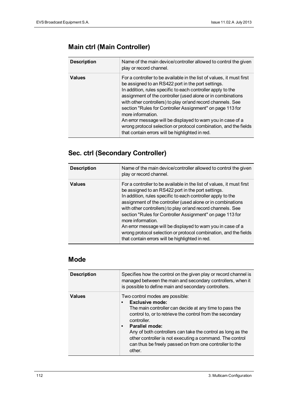 Main ctrl (main controller), Sec. ctrl (secondary controller), Mode | EVS XT3 Version 11.02 - July 2013 Configuration Manual User Manual | Page 120 / 244