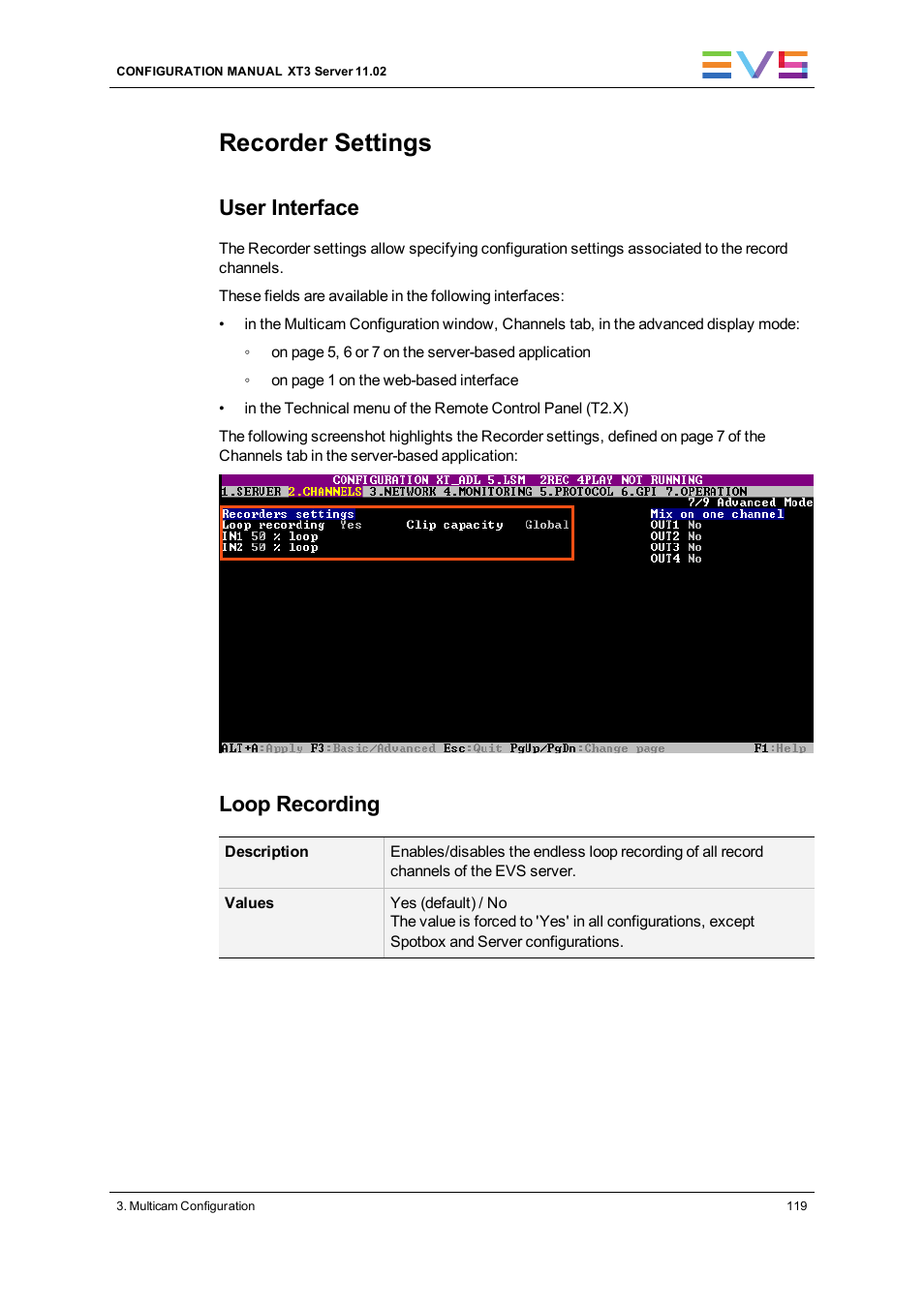 Recorder settings, User interface, Loop recording | EVS XT3 Version 11.02 - July 2013 Configuration Manual User Manual | Page 127 / 244