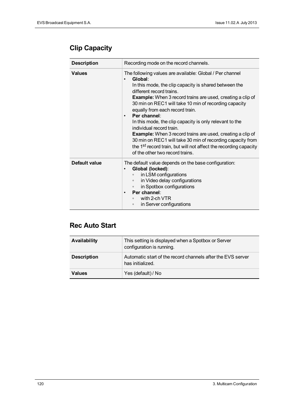 Clip capacity, Rec auto start | EVS XT3 Version 11.02 - July 2013 Configuration Manual User Manual | Page 128 / 244