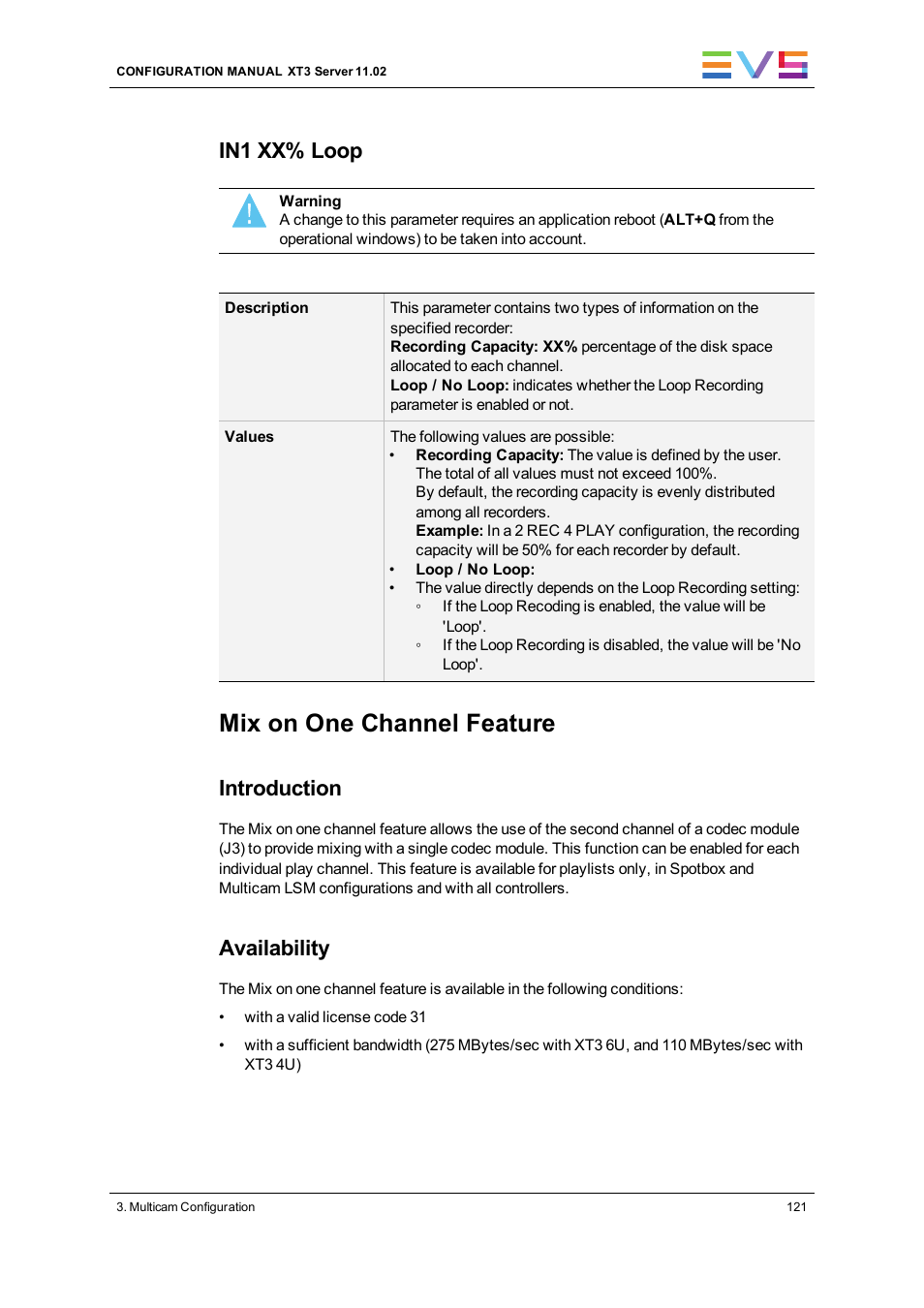 Mix on one channel feature, In1 xx% loop, Introduction | Availability | EVS XT3 Version 11.02 - July 2013 Configuration Manual User Manual | Page 129 / 244