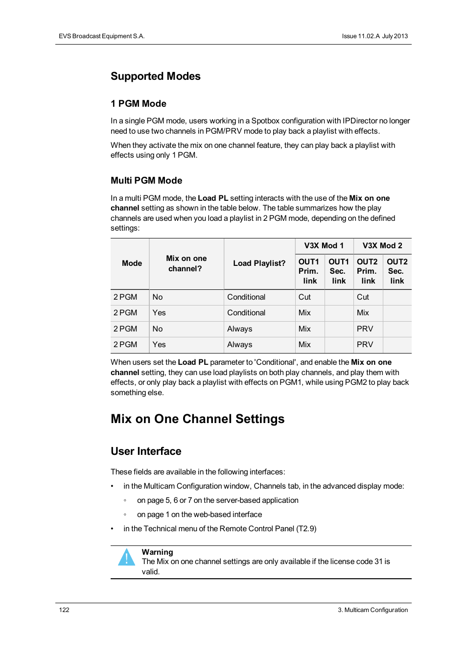 Mix on one channel setting, Mix on one channel settings, Supported modes | User interface | EVS XT3 Version 11.02 - July 2013 Configuration Manual User Manual | Page 130 / 244