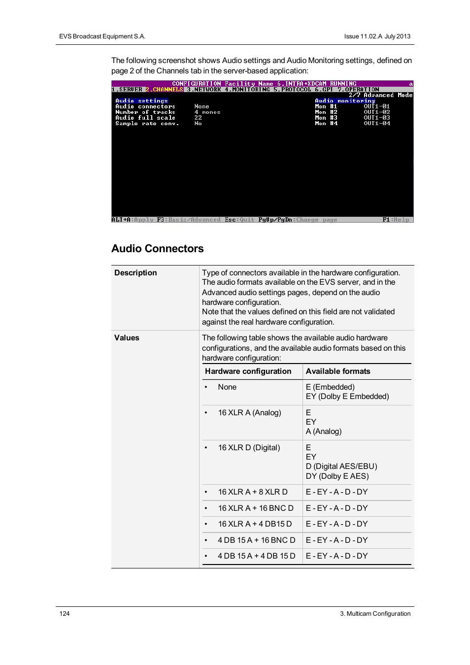 Audio connectors | EVS XT3 Version 11.02 - July 2013 Configuration Manual User Manual | Page 132 / 244