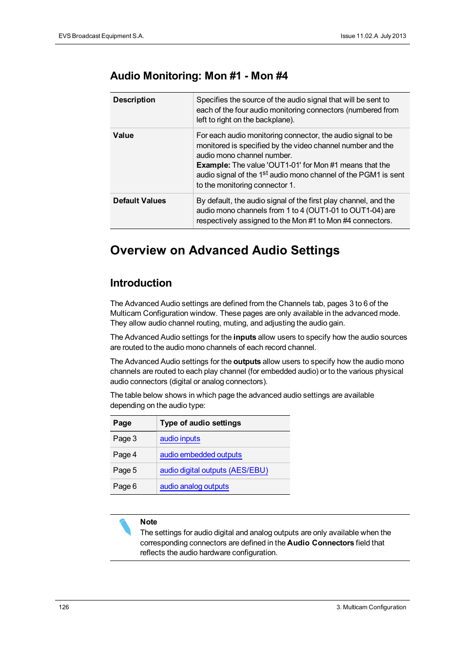 Advanced audio settings, Overview on advanced audio settings, Audio monitoring: mon #1 - mon #4 | Introduction | EVS XT3 Version 11.02 - July 2013 Configuration Manual User Manual | Page 134 / 244
