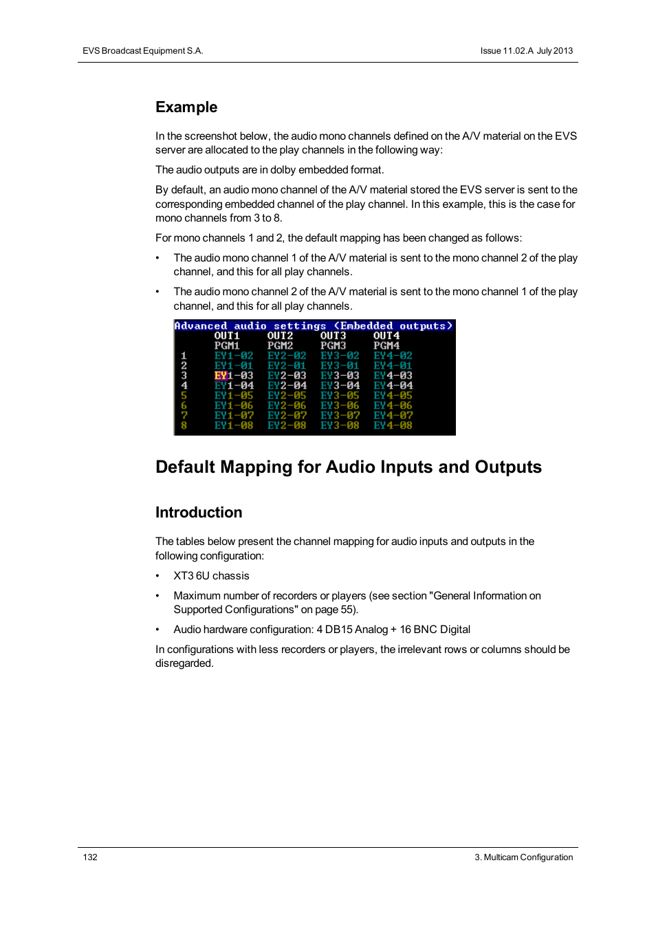 Default mapping for audio inputs and outputs, Example, Introduction | EVS XT3 Version 11.02 - July 2013 Configuration Manual User Manual | Page 140 / 244