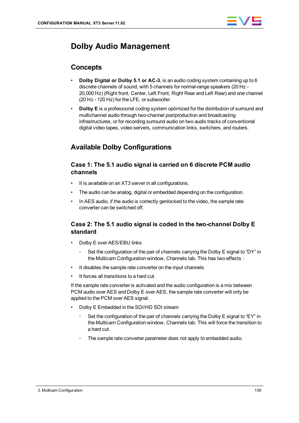 Dolby audio management, Concepts, Available dolby configurations | EVS XT3 Version 11.02 - July 2013 Configuration Manual User Manual | Page 147 / 244