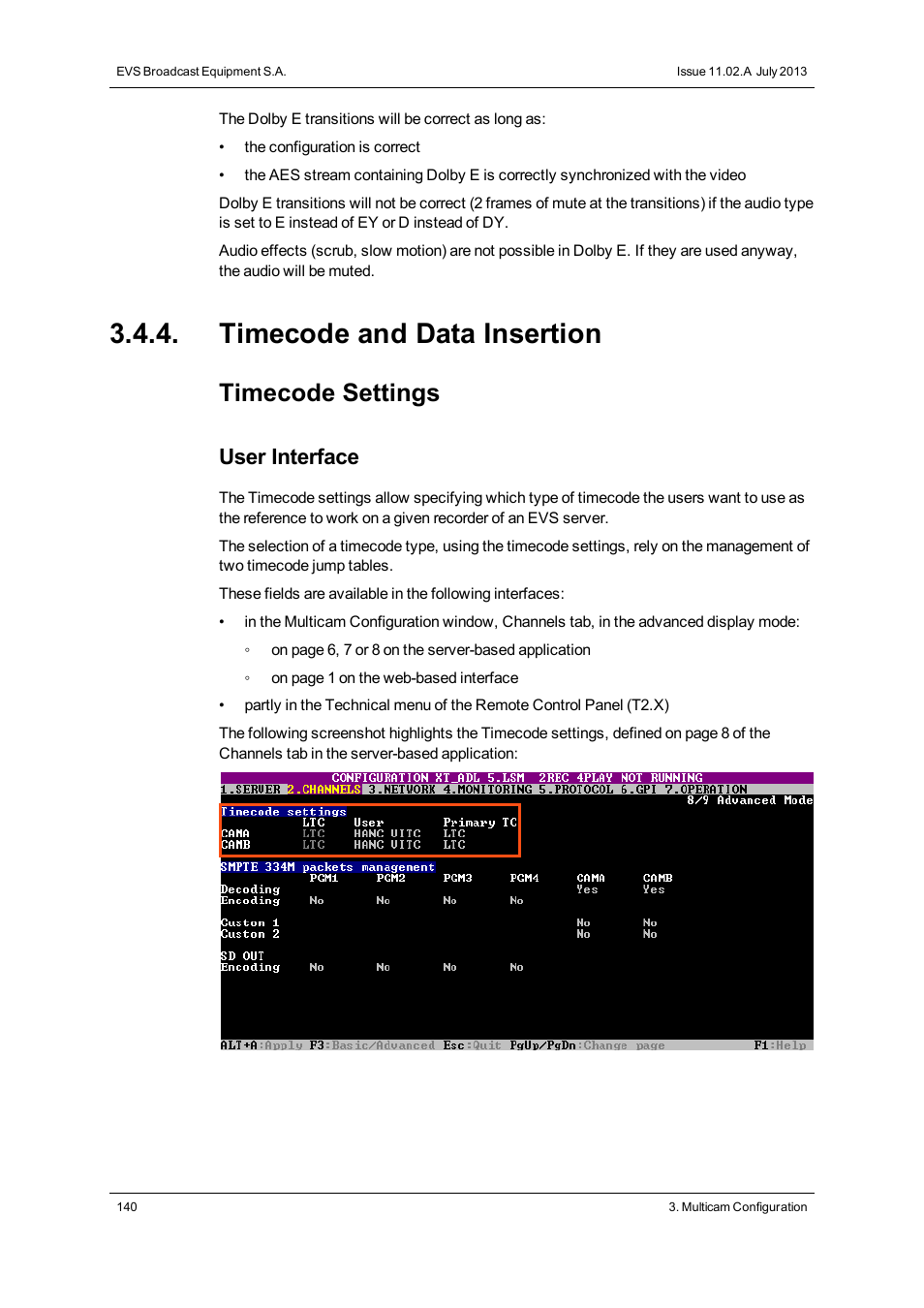 Timecode and data insertion, Timecode settings, User interface | EVS XT3 Version 11.02 - July 2013 Configuration Manual User Manual | Page 148 / 244