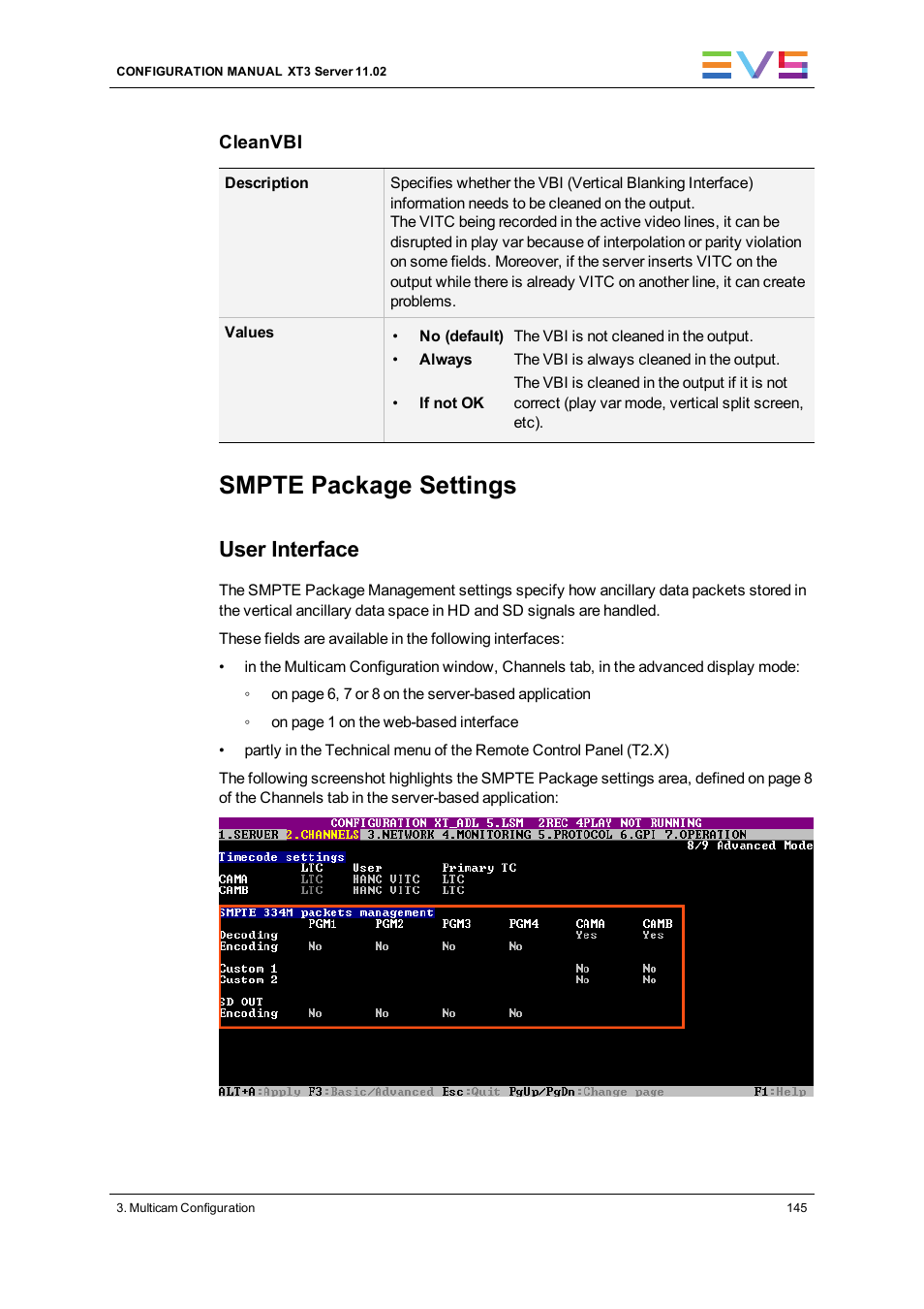 Smpte 334m packets management settings, Smpte package settings, User interface | EVS XT3 Version 11.02 - July 2013 Configuration Manual User Manual | Page 153 / 244