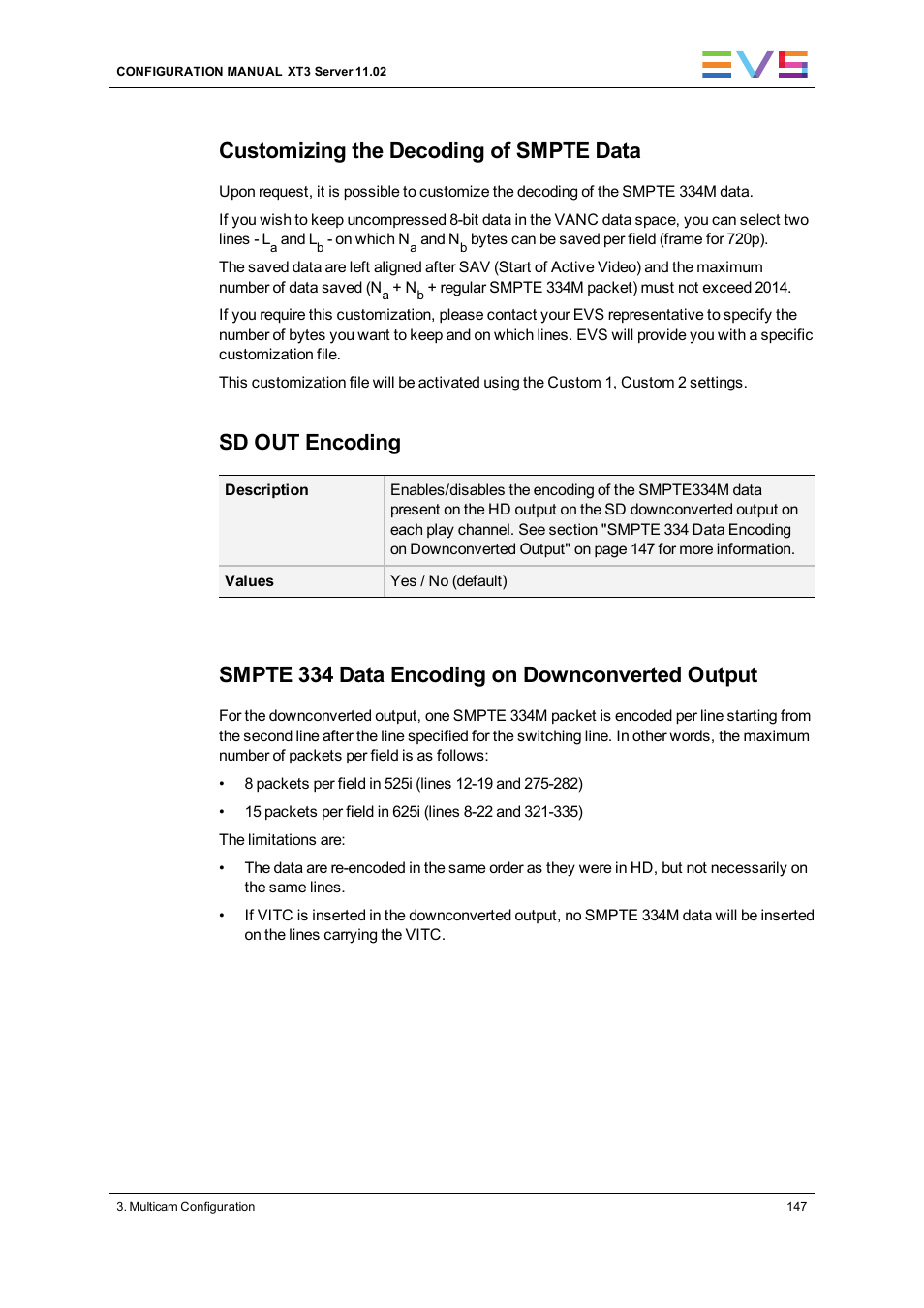Customizing the decoding of smpte data, Sd out encoding, Smpte 334 data encoding on downconverted output | EVS XT3 Version 11.02 - July 2013 Configuration Manual User Manual | Page 155 / 244