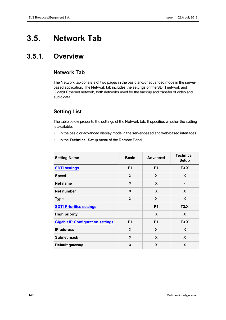 Network tab, Overview, Network settings | Setting list | EVS XT3 Version 11.02 - July 2013 Configuration Manual User Manual | Page 156 / 244