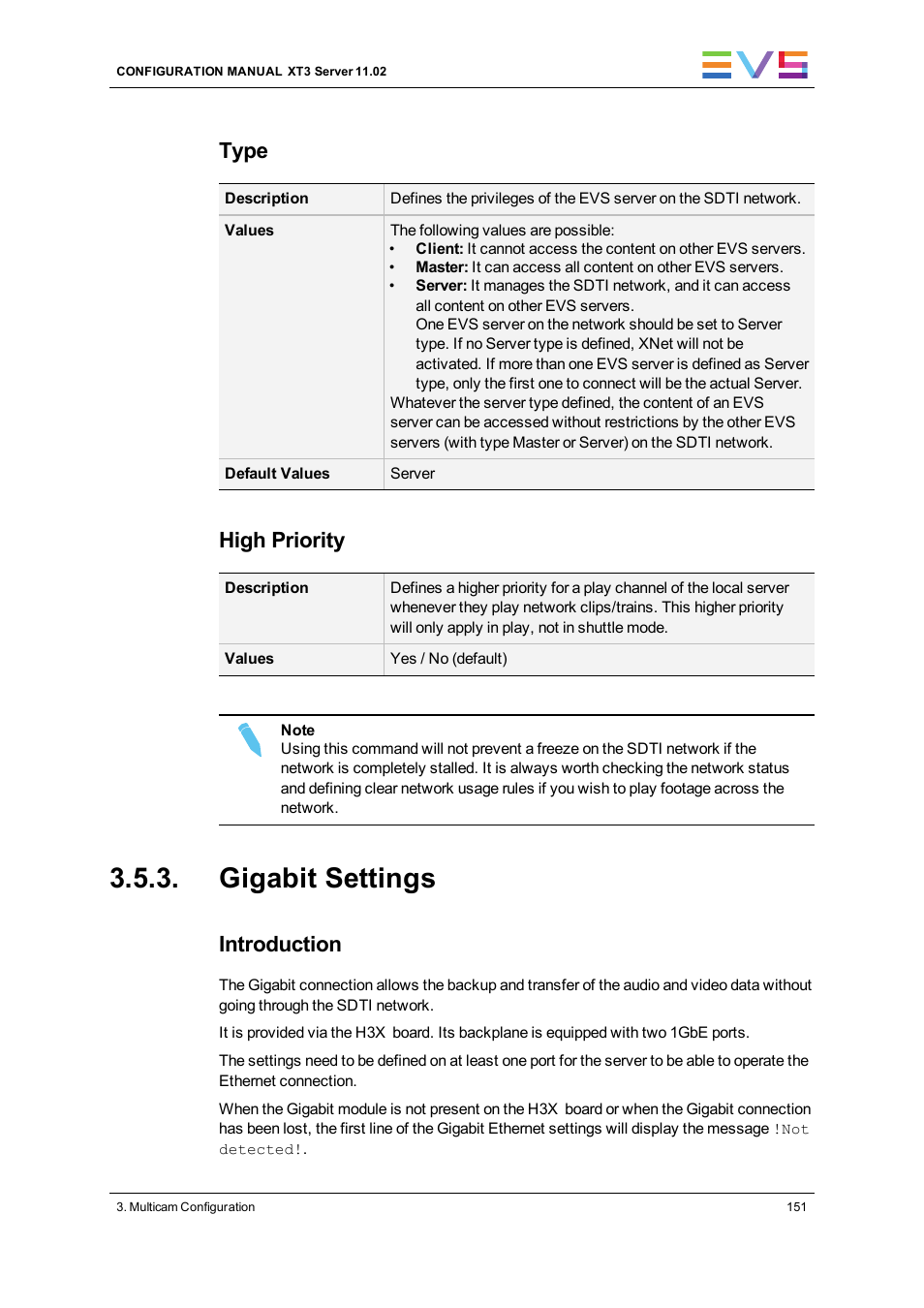 Gigabit settings, Type, High priority | Introduction | EVS XT3 Version 11.02 - July 2013 Configuration Manual User Manual | Page 159 / 244