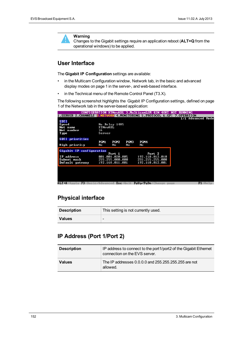 User interface, Physical interface, Ip address (port 1/port 2) | EVS XT3 Version 11.02 - July 2013 Configuration Manual User Manual | Page 160 / 244