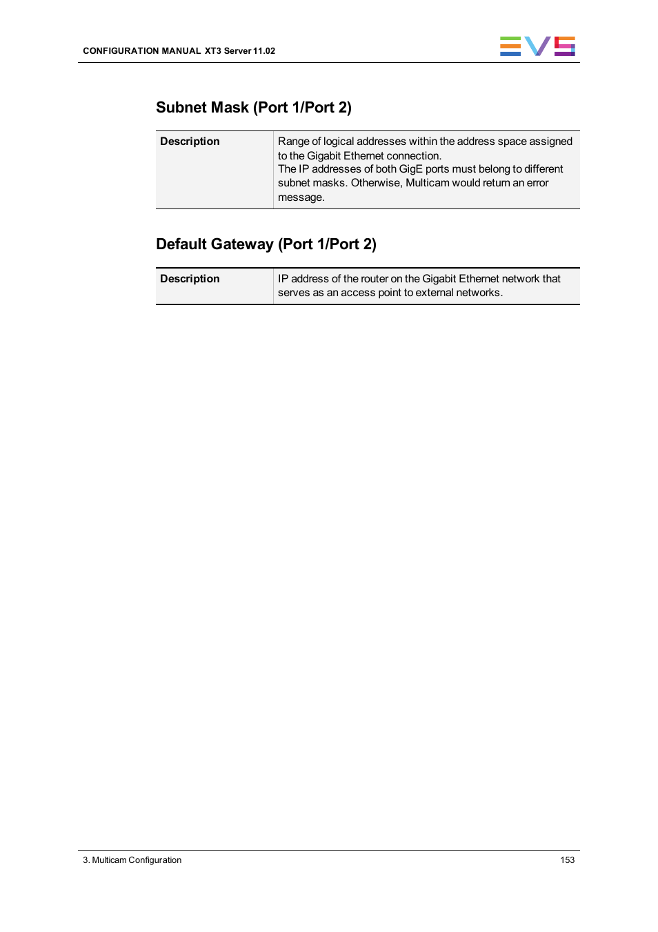 Subnet mask (port 1/port 2), Default gateway (port 1/port 2) | EVS XT3 Version 11.02 - July 2013 Configuration Manual User Manual | Page 161 / 244