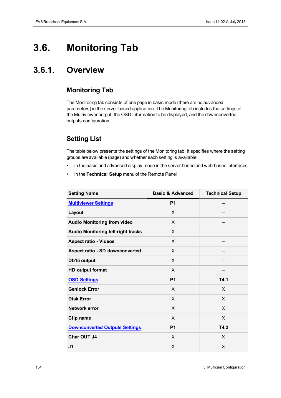 Monitoring tab, Overview, Monitoring settings | Setting list | EVS XT3 Version 11.02 - July 2013 Configuration Manual User Manual | Page 162 / 244