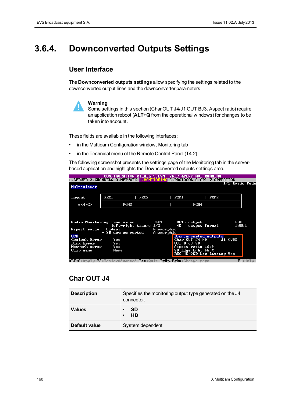 Downconverted outputs settings, User interface, Char out j4 | EVS XT3 Version 11.02 - July 2013 Configuration Manual User Manual | Page 168 / 244