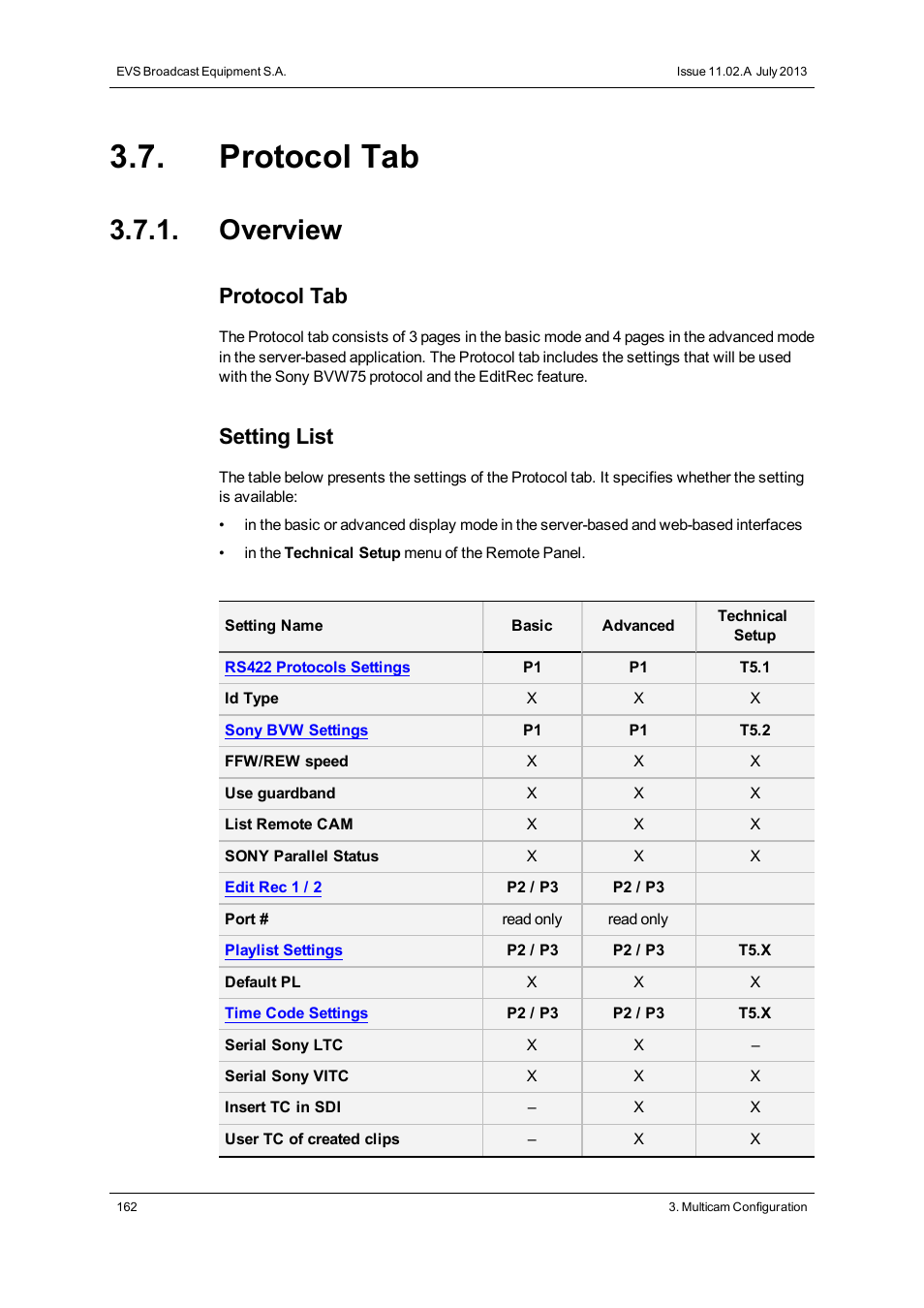 Protocol tab, Overview, Protocol settings | Setting list | EVS XT3 Version 11.02 - July 2013 Configuration Manual User Manual | Page 170 / 244