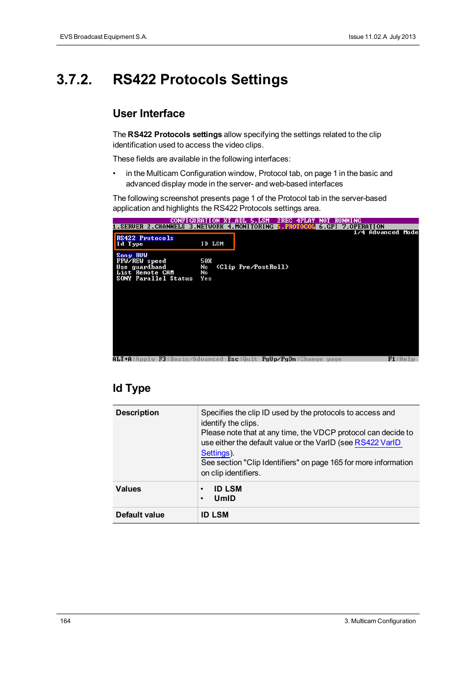 Rs422 protocols settings, User interface, Id type | EVS XT3 Version 11.02 - July 2013 Configuration Manual User Manual | Page 172 / 244