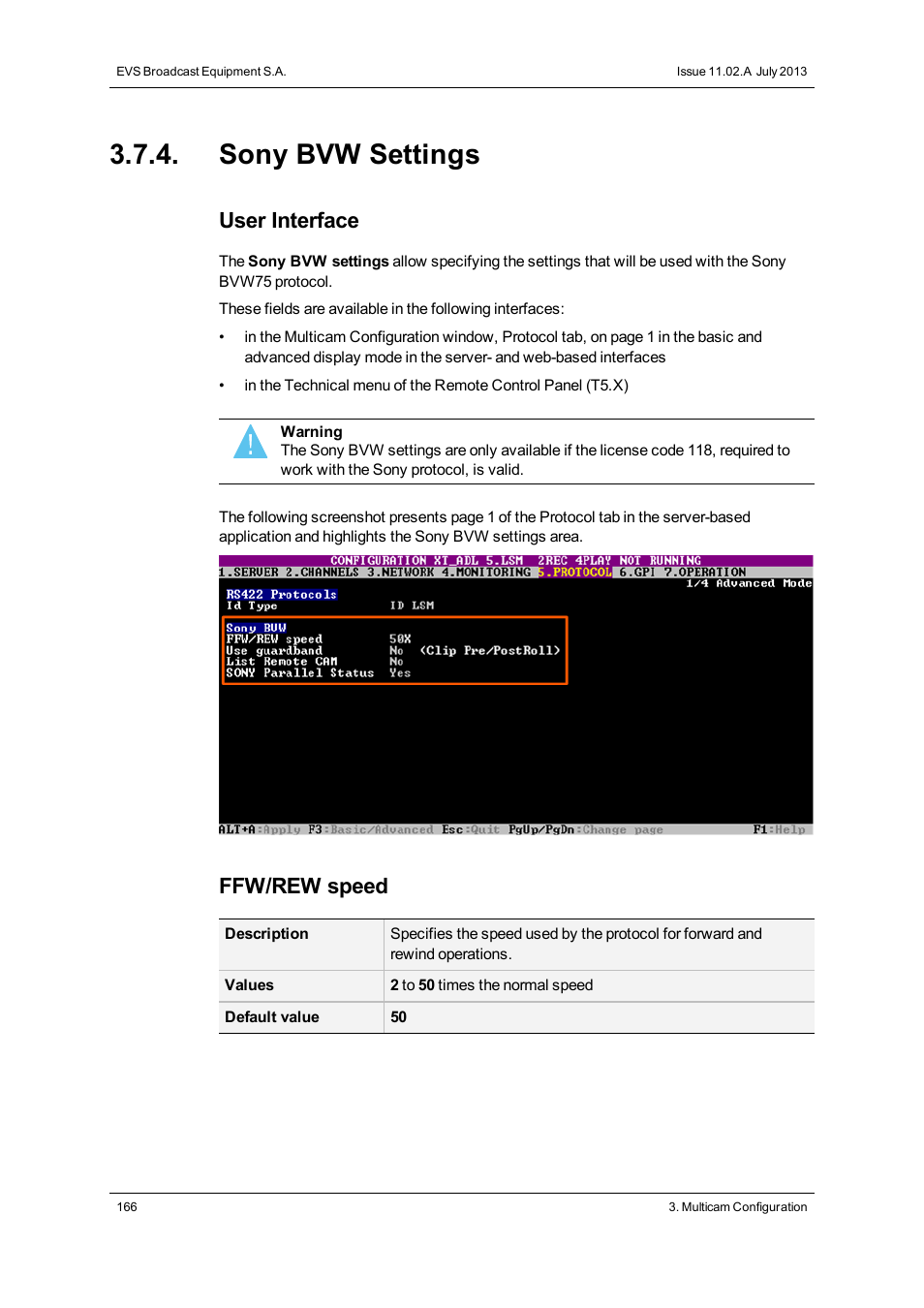 Sony bvw settings, User interface, Ffw/rew speed | EVS XT3 Version 11.02 - July 2013 Configuration Manual User Manual | Page 174 / 244
