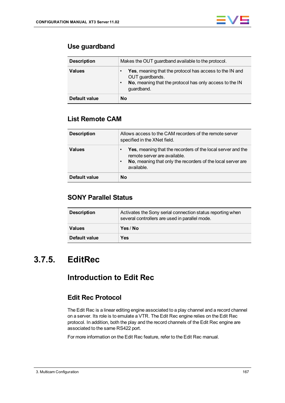 Editrec, Edit rec 1 / 2, Introduction to edit rec | Use guardband, List remote cam, Sony parallel status, Edit rec protocol | EVS XT3 Version 11.02 - July 2013 Configuration Manual User Manual | Page 175 / 244
