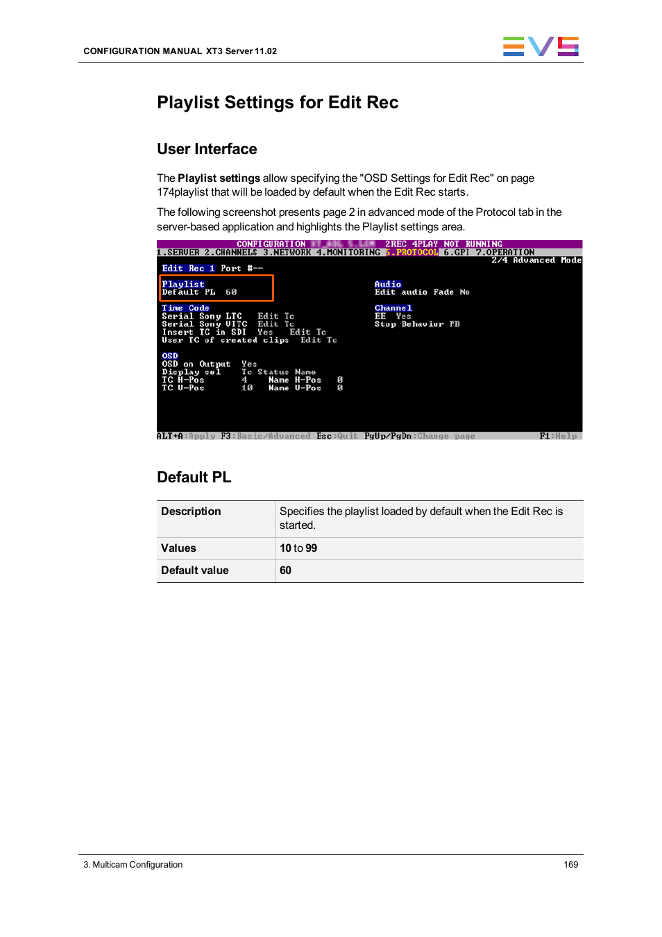 Playlist settings, Playlist settings for edit rec, User interface | Default pl | EVS XT3 Version 11.02 - July 2013 Configuration Manual User Manual | Page 177 / 244