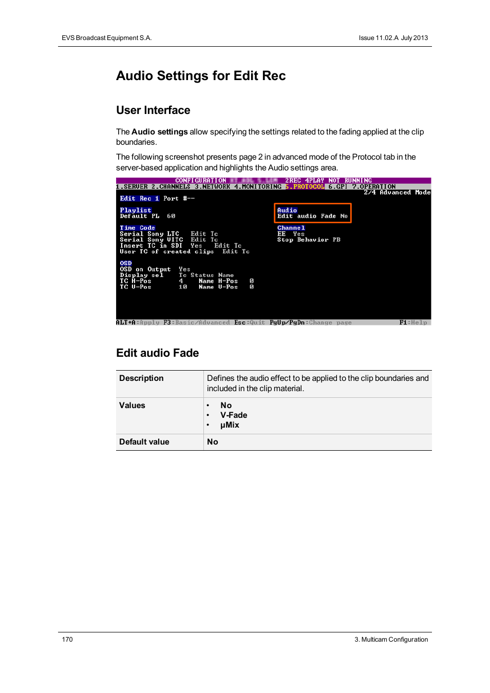 Audio settings, Audio settings for edit rec, User interface | Edit audio fade | EVS XT3 Version 11.02 - July 2013 Configuration Manual User Manual | Page 178 / 244