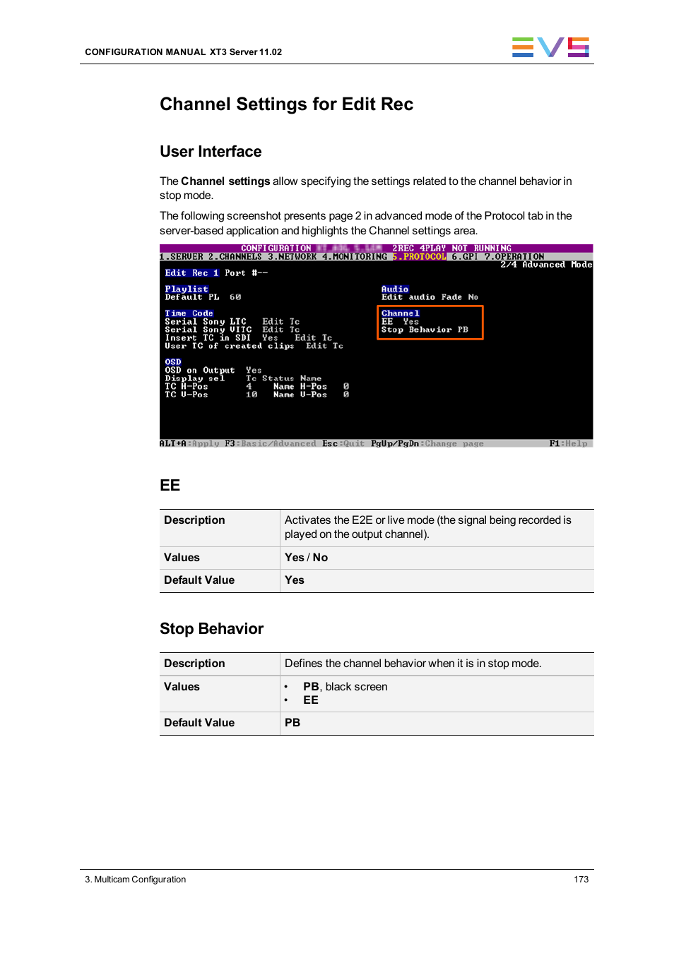 Channel settings, Channel settings for edit rec, User interface | Stop behavior | EVS XT3 Version 11.02 - July 2013 Configuration Manual User Manual | Page 181 / 244