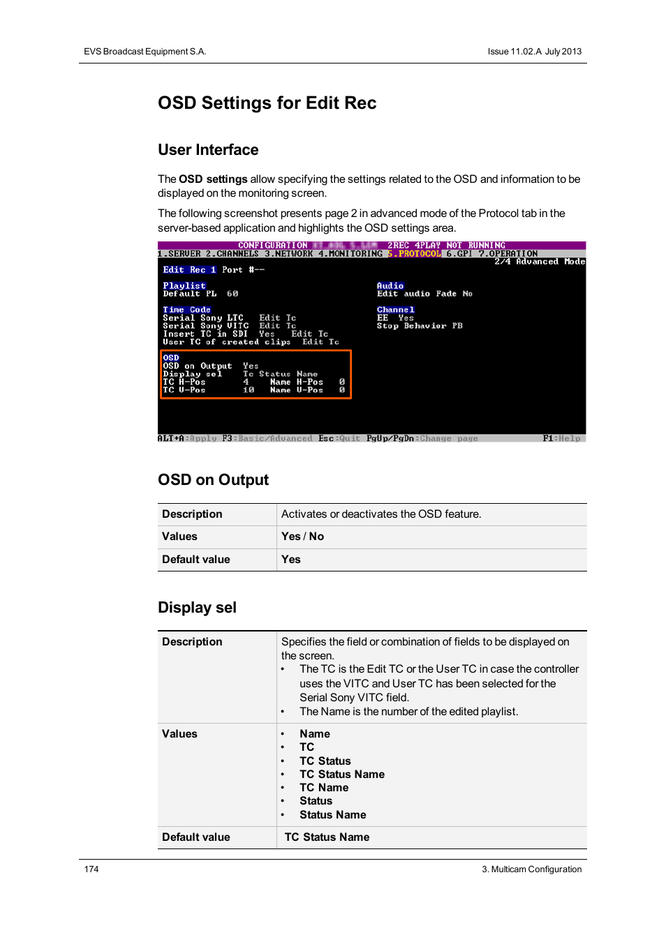 Osd settings, Osd settings for edit rec, User interface | Osd on output, Display sel | EVS XT3 Version 11.02 - July 2013 Configuration Manual User Manual | Page 182 / 244