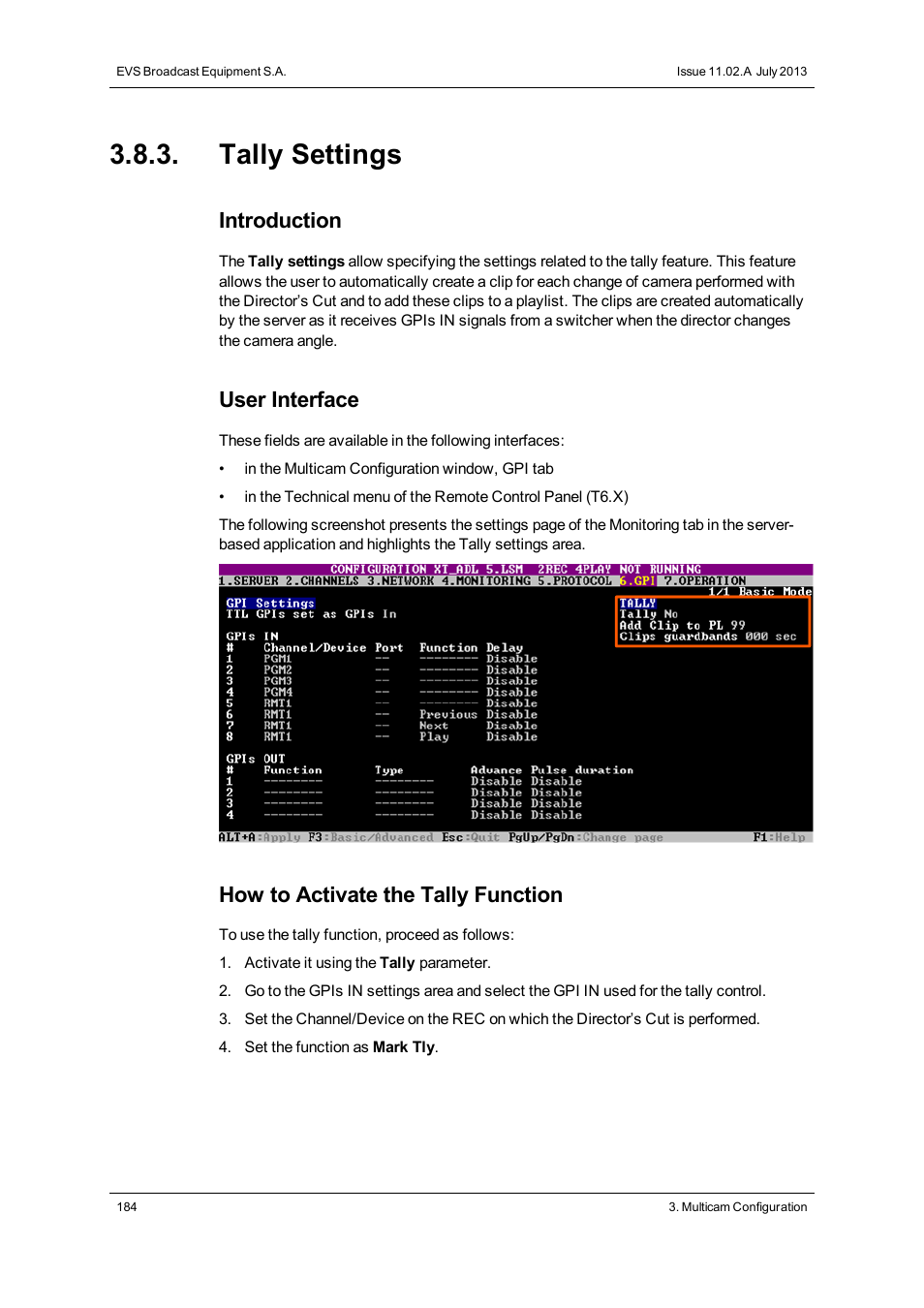 Tally settings, Introduction, User interface | How to activate the tally function | EVS XT3 Version 11.02 - July 2013 Configuration Manual User Manual | Page 192 / 244