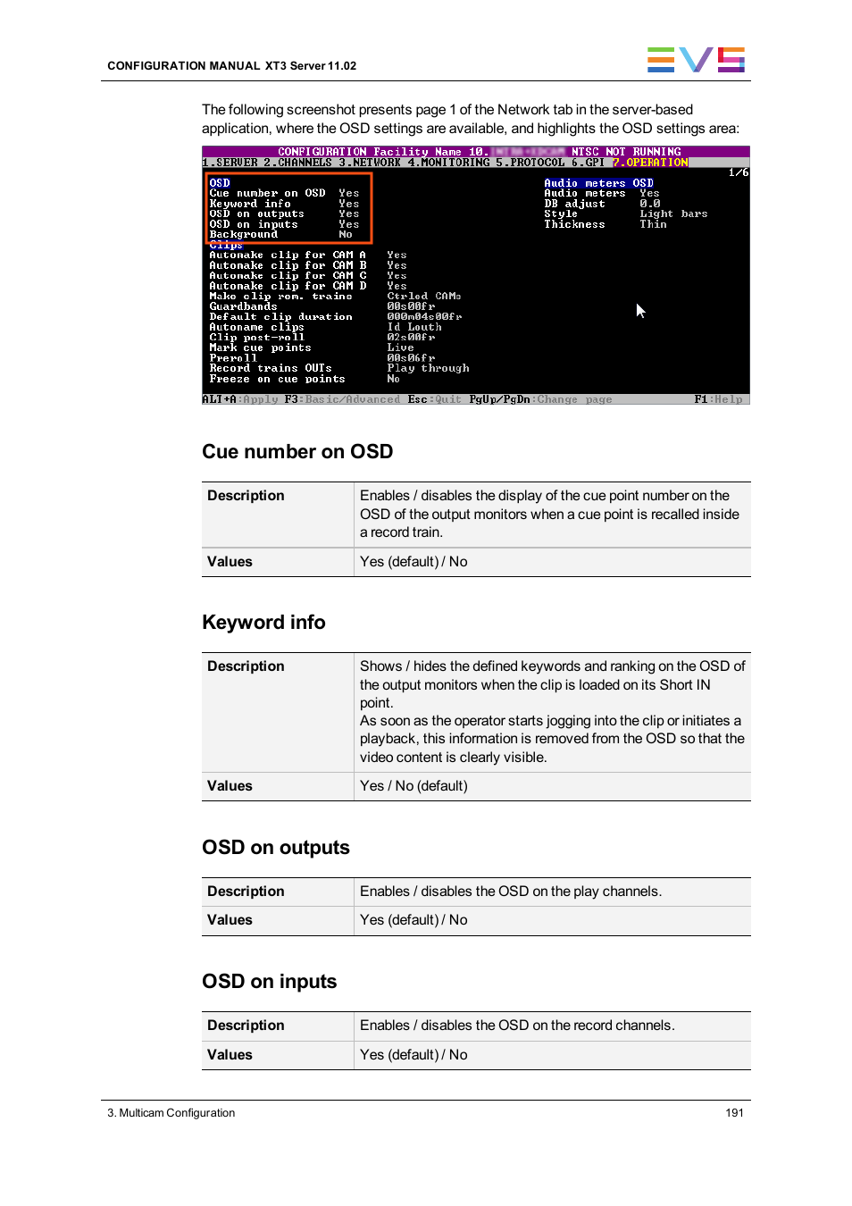 Cue number on osd, Keyword info, Osd on outputs | Osd on inputs | EVS XT3 Version 11.02 - July 2013 Configuration Manual User Manual | Page 199 / 244