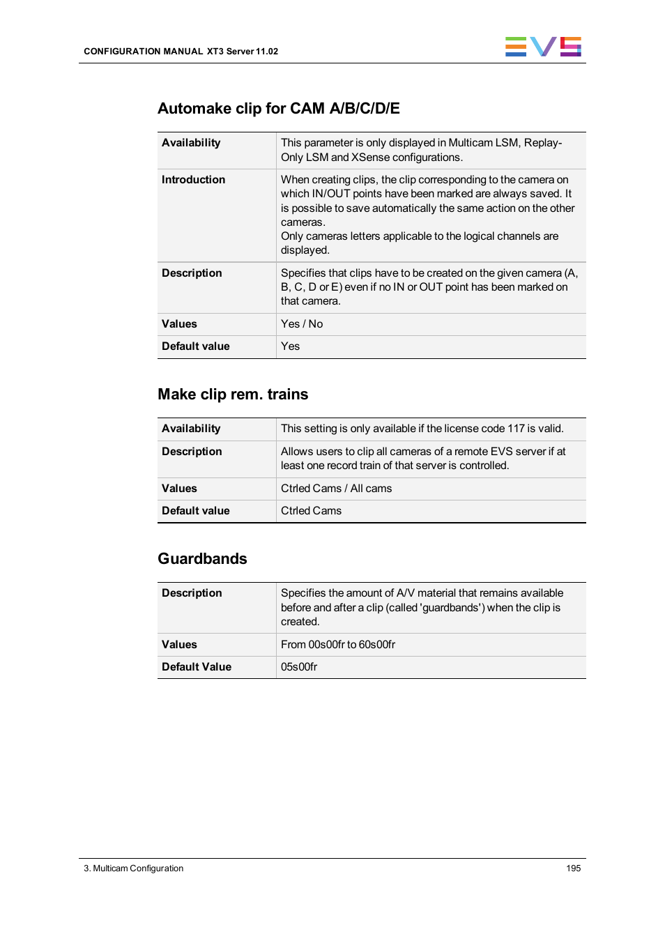 Automake clip for cam a/b/c/d/e, Make clip rem. trains, Guardbands | EVS XT3 Version 11.02 - July 2013 Configuration Manual User Manual | Page 203 / 244
