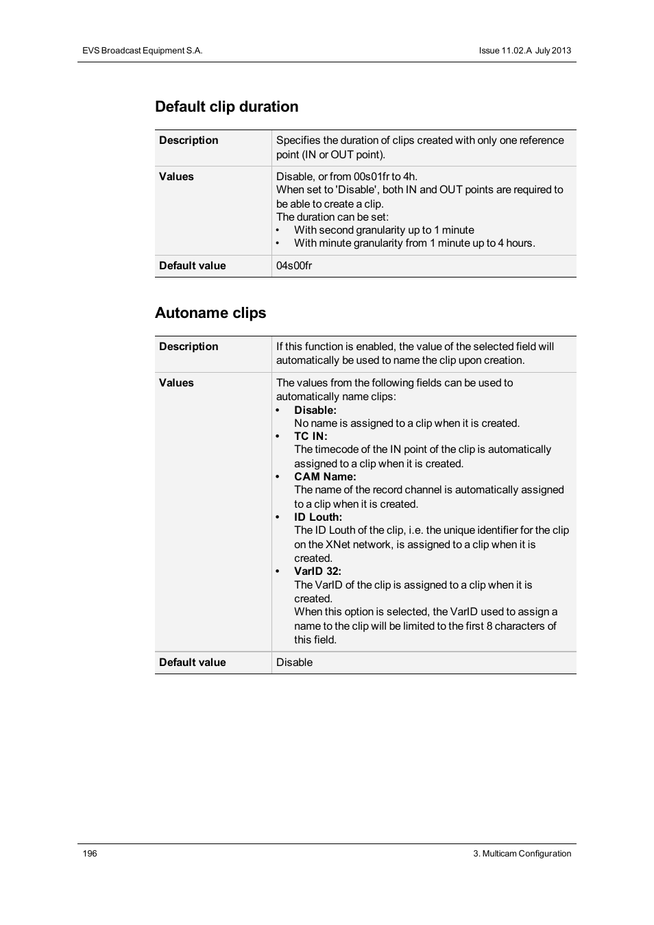 Default clip duration, Autoname clips | EVS XT3 Version 11.02 - July 2013 Configuration Manual User Manual | Page 204 / 244