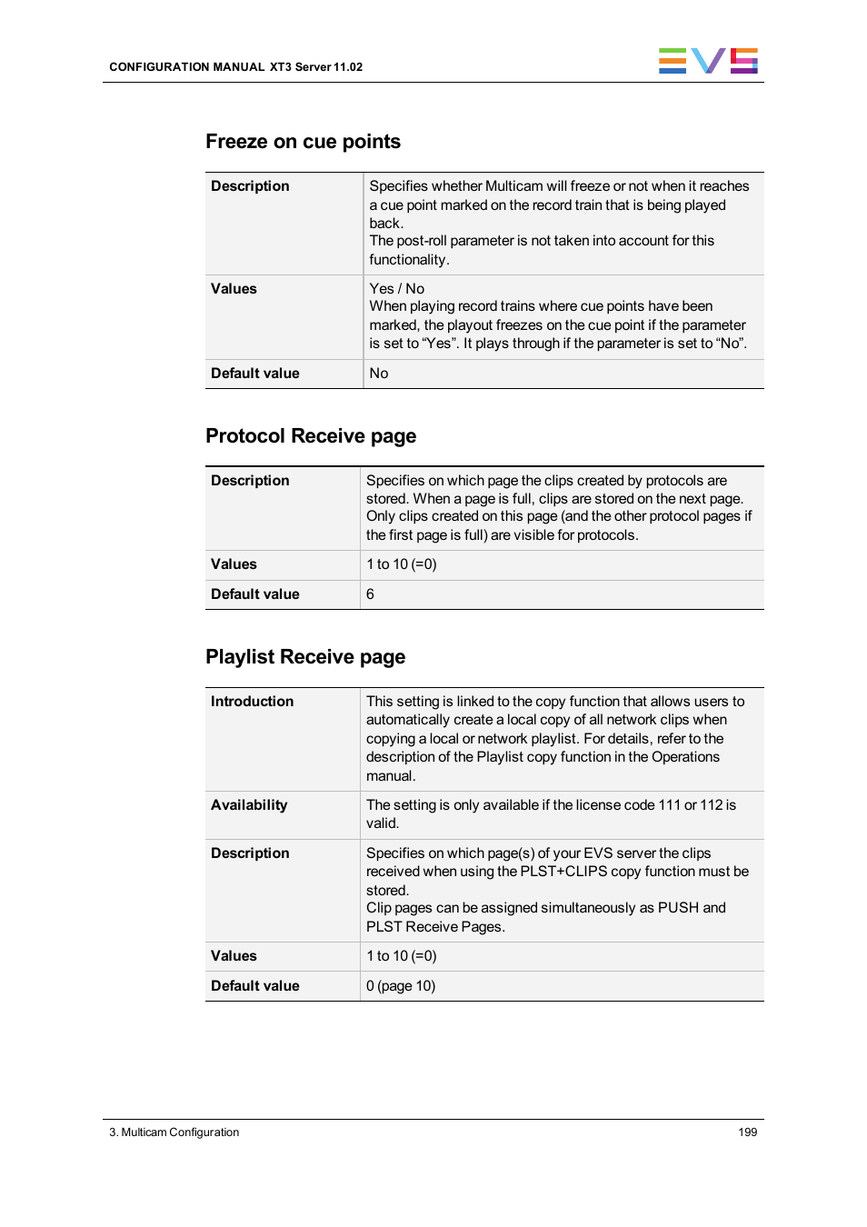 Freeze on cue points, Protocol receive page, Playlist receive page | EVS XT3 Version 11.02 - July 2013 Configuration Manual User Manual | Page 207 / 244