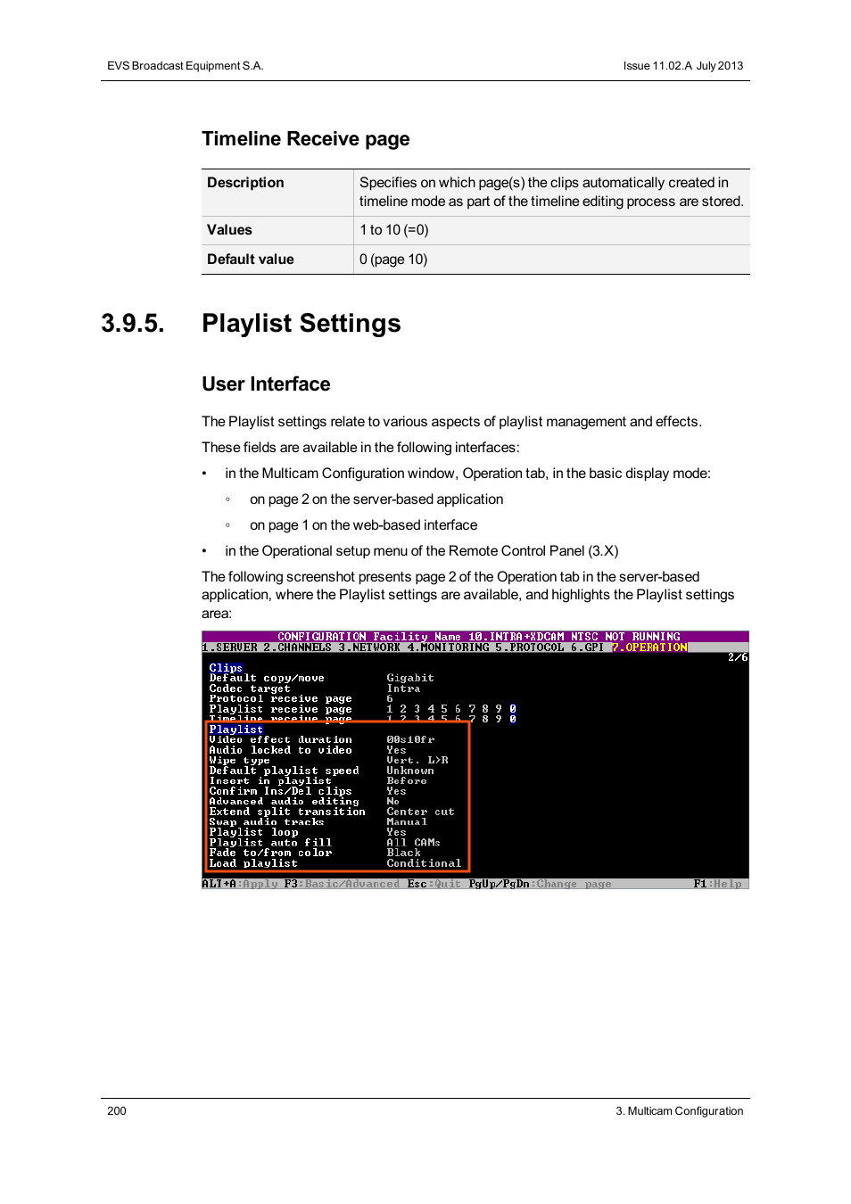 Playlist settings, Timeline receive page, User interface | EVS XT3 Version 11.02 - July 2013 Configuration Manual User Manual | Page 208 / 244