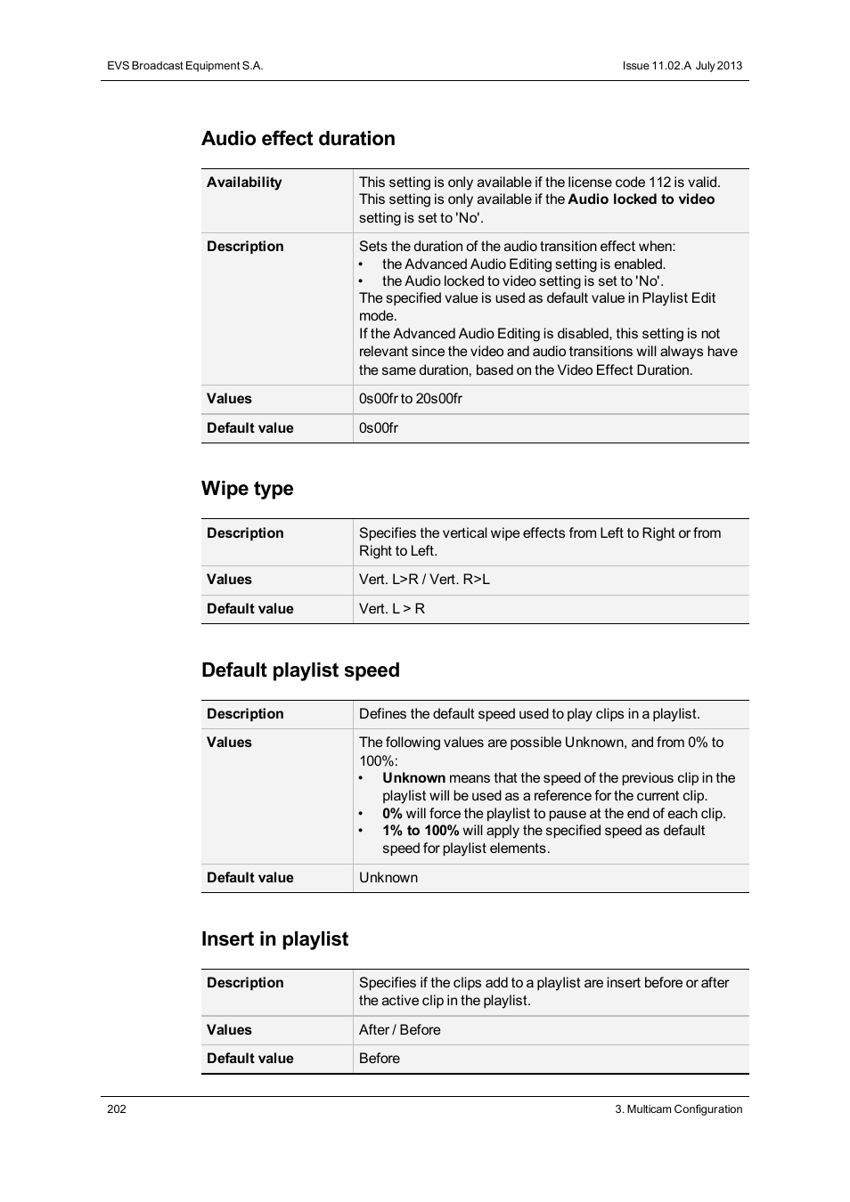 Audio effect duration, Wipe type, Default playlist speed | Insert in playlist | EVS XT3 Version 11.02 - July 2013 Configuration Manual User Manual | Page 210 / 244