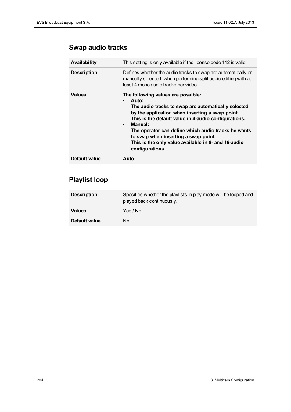 Swap audio tracks, Playlist loop | EVS XT3 Version 11.02 - July 2013 Configuration Manual User Manual | Page 212 / 244