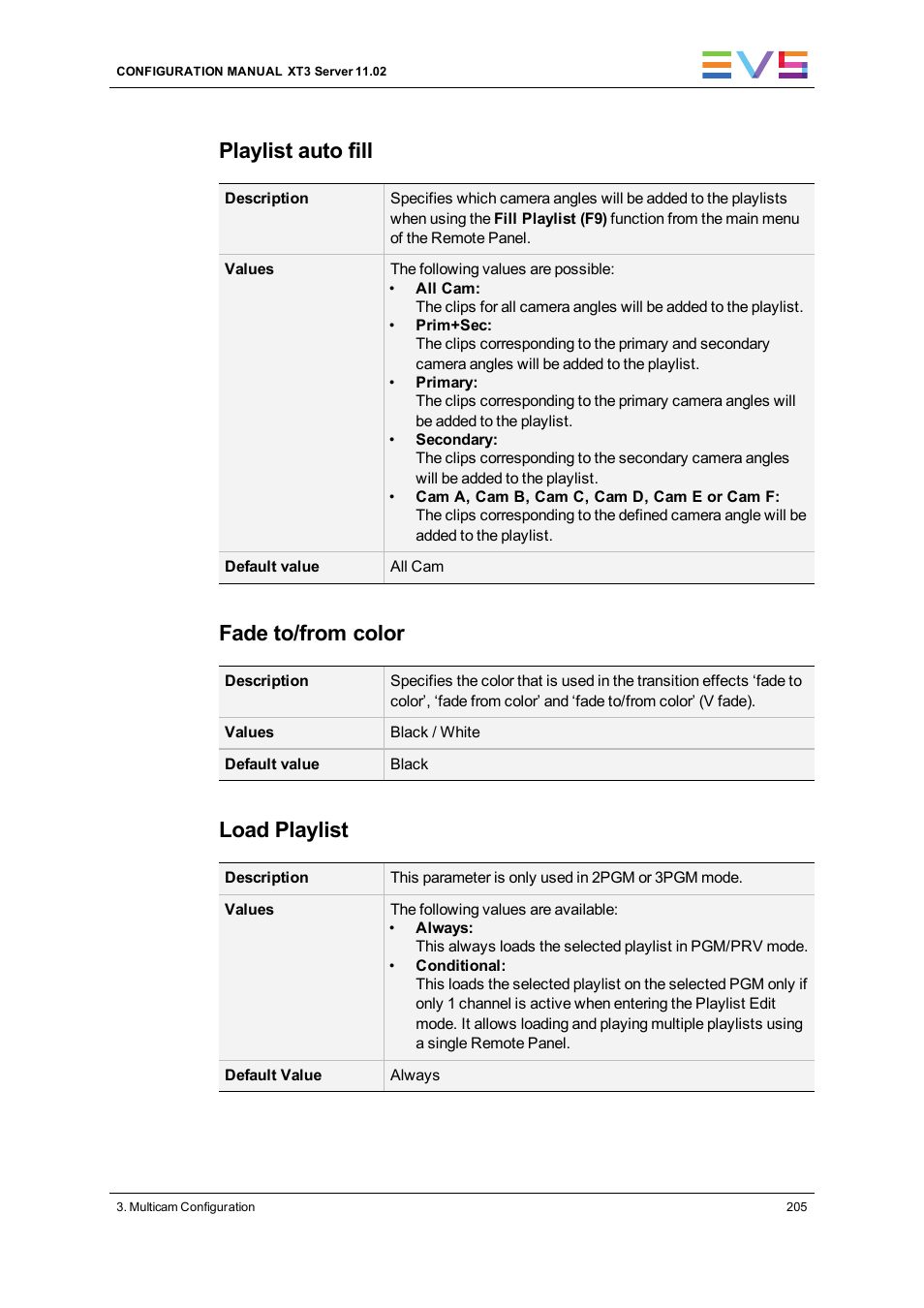 Playlist auto fill, Fade to/from color, Load playlist | EVS XT3 Version 11.02 - July 2013 Configuration Manual User Manual | Page 213 / 244