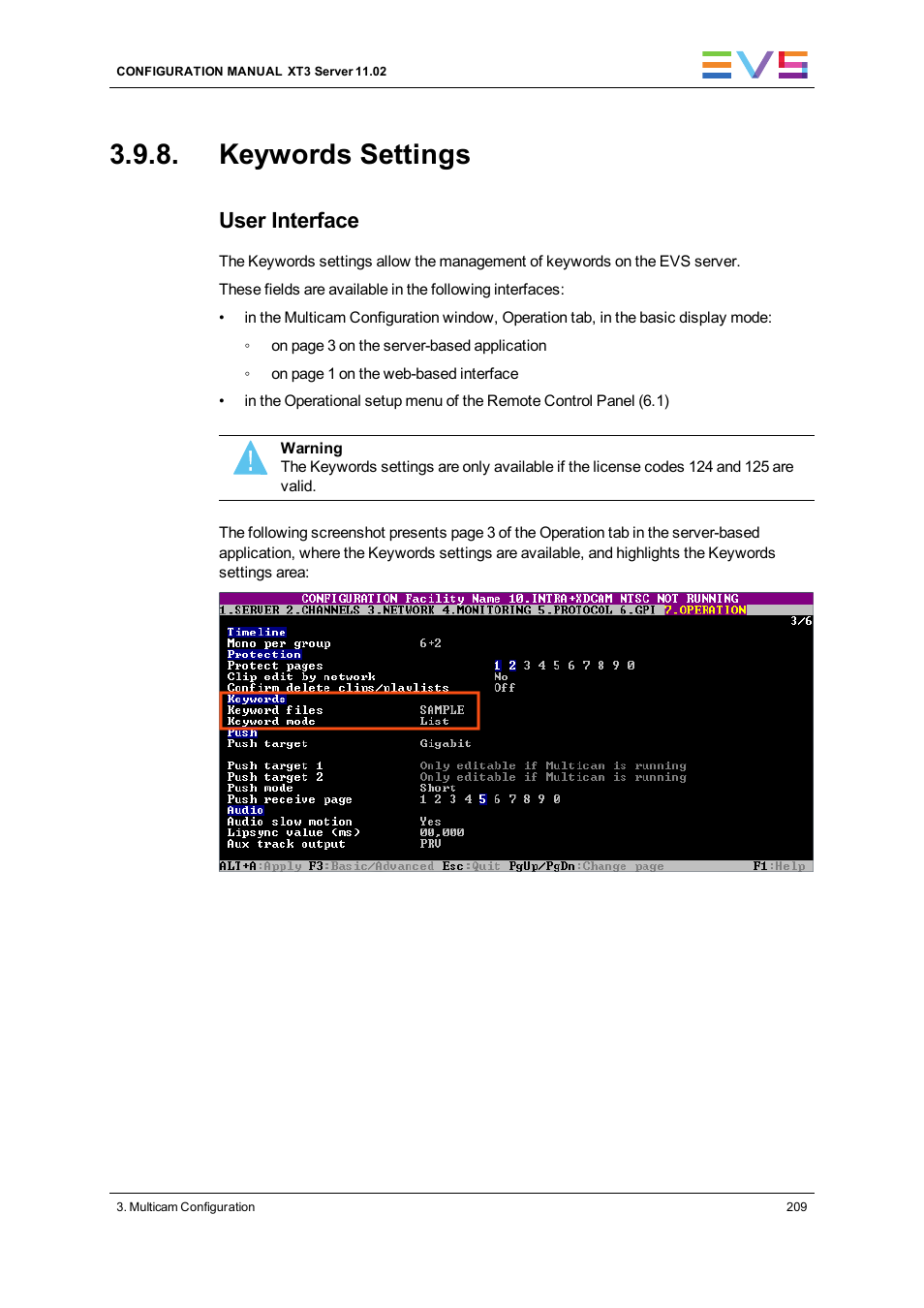 Keywords settings, User interface | EVS XT3 Version 11.02 - July 2013 Configuration Manual User Manual | Page 217 / 244